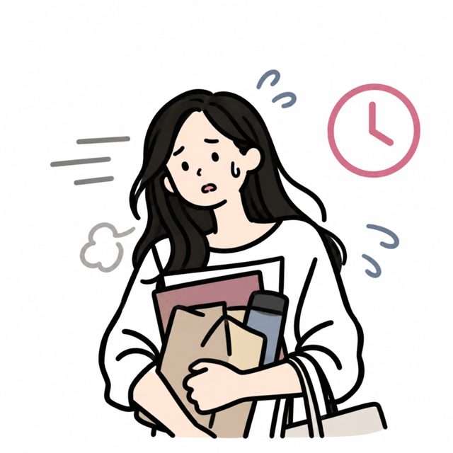 荷物を抱えて時間に追われる女性のイラスト