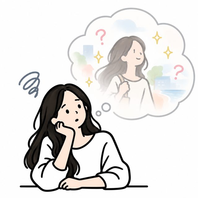 ぼんやりした理想の自分を思い浮かべる女性のイラスト