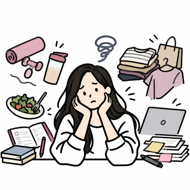 やりたいことに囲まれて頬杖をつく女性のイラスト