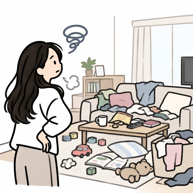 散らかったリビングを見て困る女性のイラスト