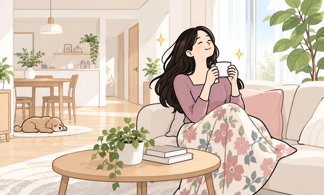 頭がスッキリして、ソファでコーヒーを飲みながらくつろぐ女性のイラスト